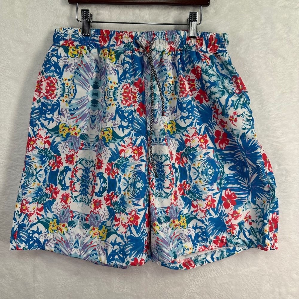 Shorts Women M Blue Red Floral Tropical Elastic Waist Drawstring‎ Summer Beach